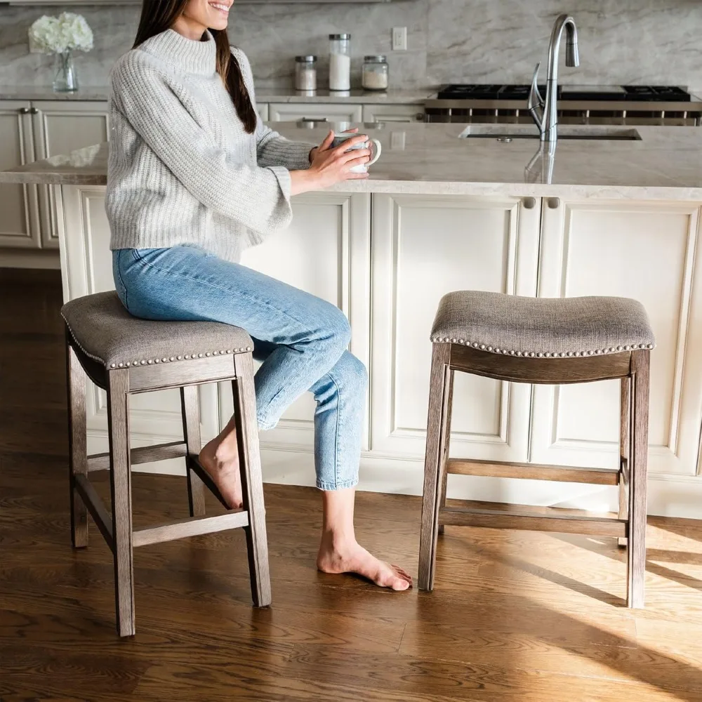 Bar Stool Set of 4, Height Upholstered Backless Saddle Barstool in Dark Walnut Finish with Ash Grey Fabric Cushion Seat