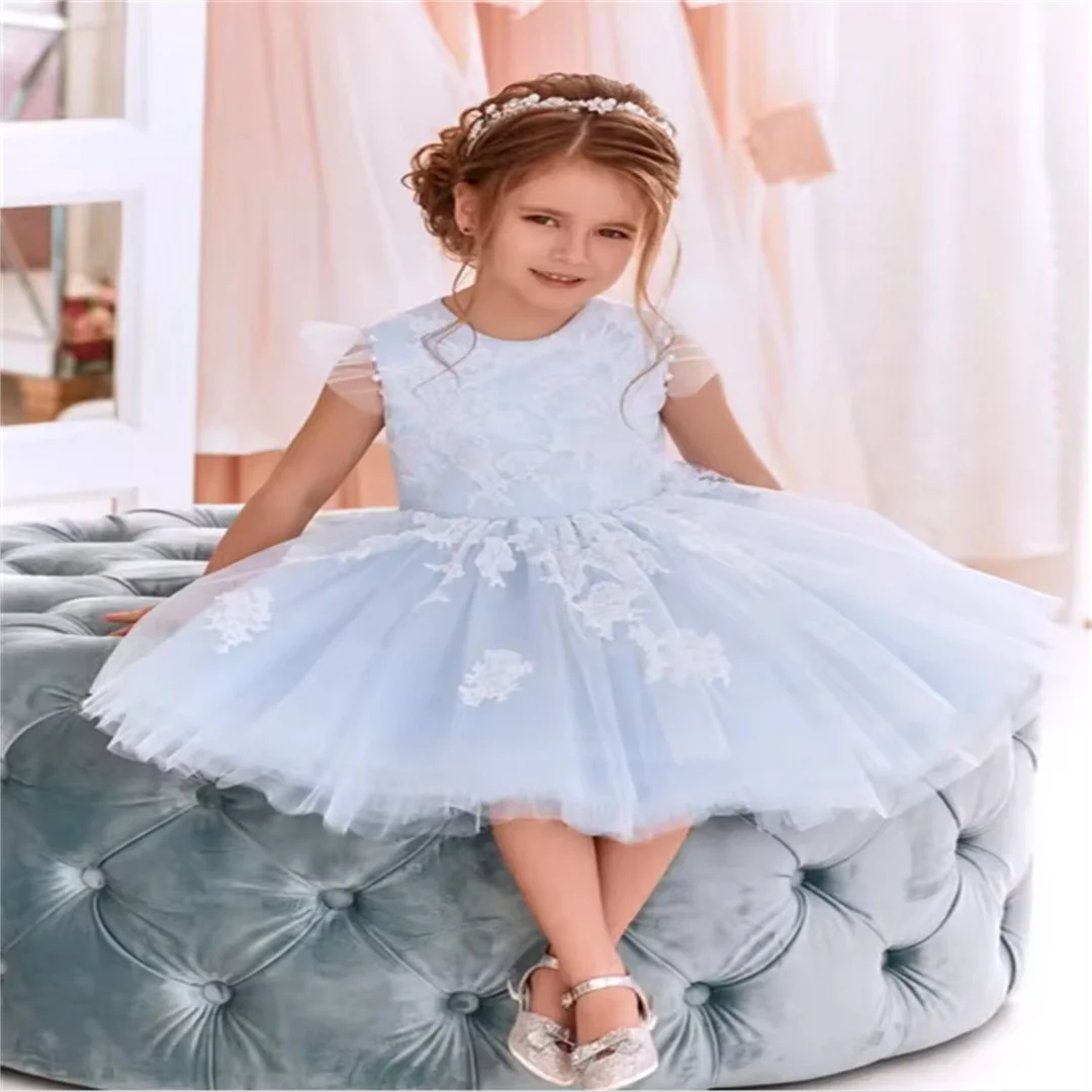 Flower Girl Dresses Blue Angel Tulle Appliques Pearl Sleeveless For Wedding Birthday Party Banquet Princess First Communion