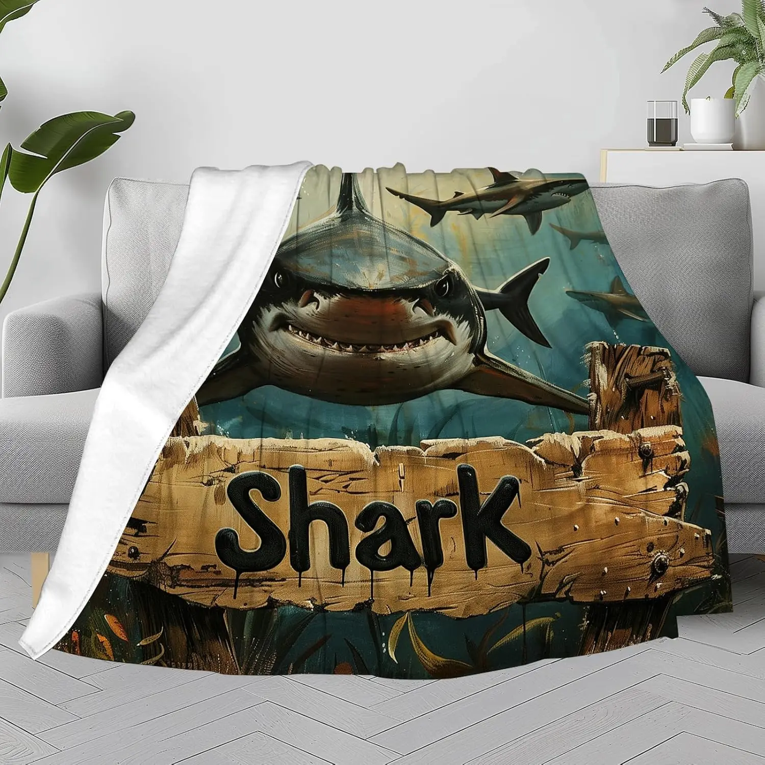 Shark Blanket Funny Vintage Sharks Fish Throw Blanket for Sharks Lovers Ocean Animal Plush Cozy Soft Fleece Flannel Blanket