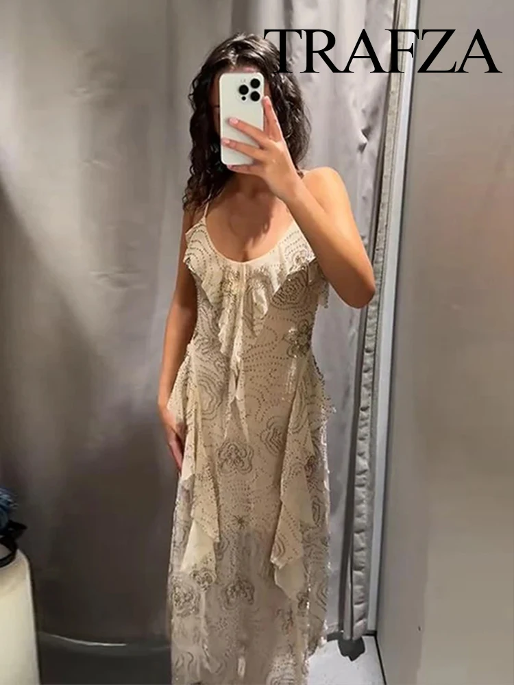 

TRAFZA Women Summer Holiday Style Backless Long Dress Solid V-Neck Tierred Beads Decorate Women's Fashion Sleeveless Dresses
