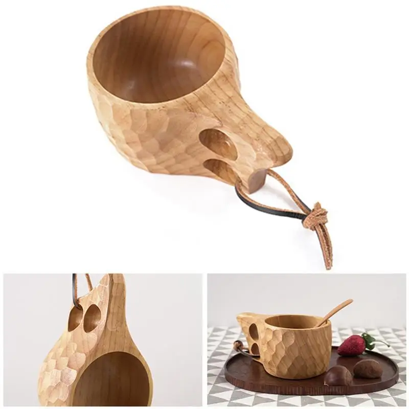 Finland Kuksa Portable Coffee Mug Rubber Wood Handle Two Hole Cowhide Rope Hook Juice Milk Tea Coffee Drinking Cup