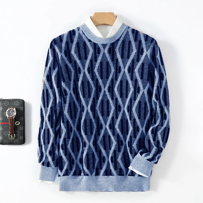 

Winter 100% Wool Men's Round Neck Color Matching Jacquard Knit Pullover Sweater Loose Long Sleeve Cashmere Bottoming Shirt