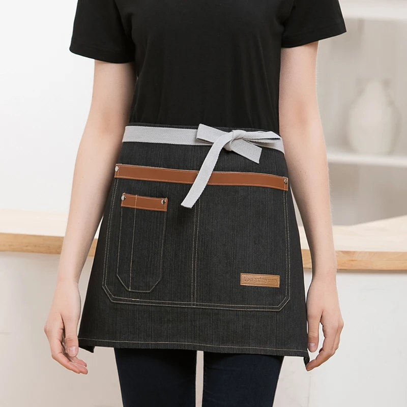 Denim Server Apron for Women Fashion Short Waist Bibs Restaurant Pho Coffee Shop Hospitality Small Half Pinafore Custom Mandiles image 3