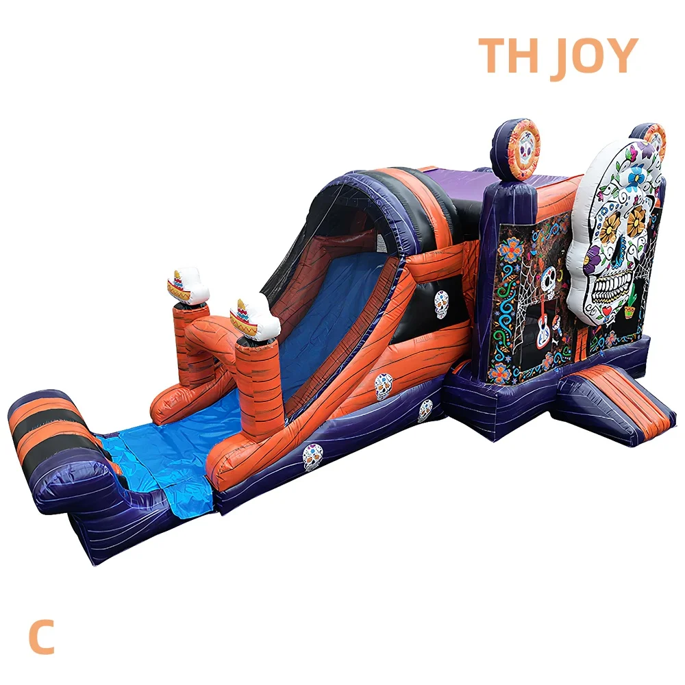 Par navire à porte, maison squelette gonflable avec toboggan, grande fête, crâne gonflable, maison de rebond, Combos de videur fantôme d'halloween
