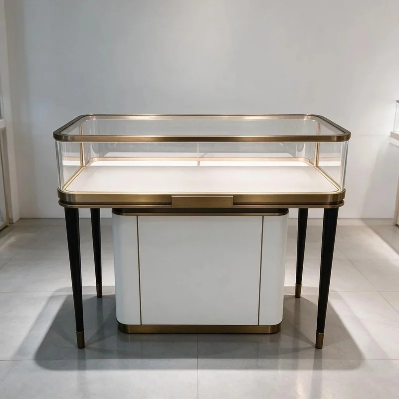 custom.Luxury Glass Top Jewelry Display Showcase Dark Wood Metal Frame Cage Base Floating LED Lockable Drawers Retail Boutique C