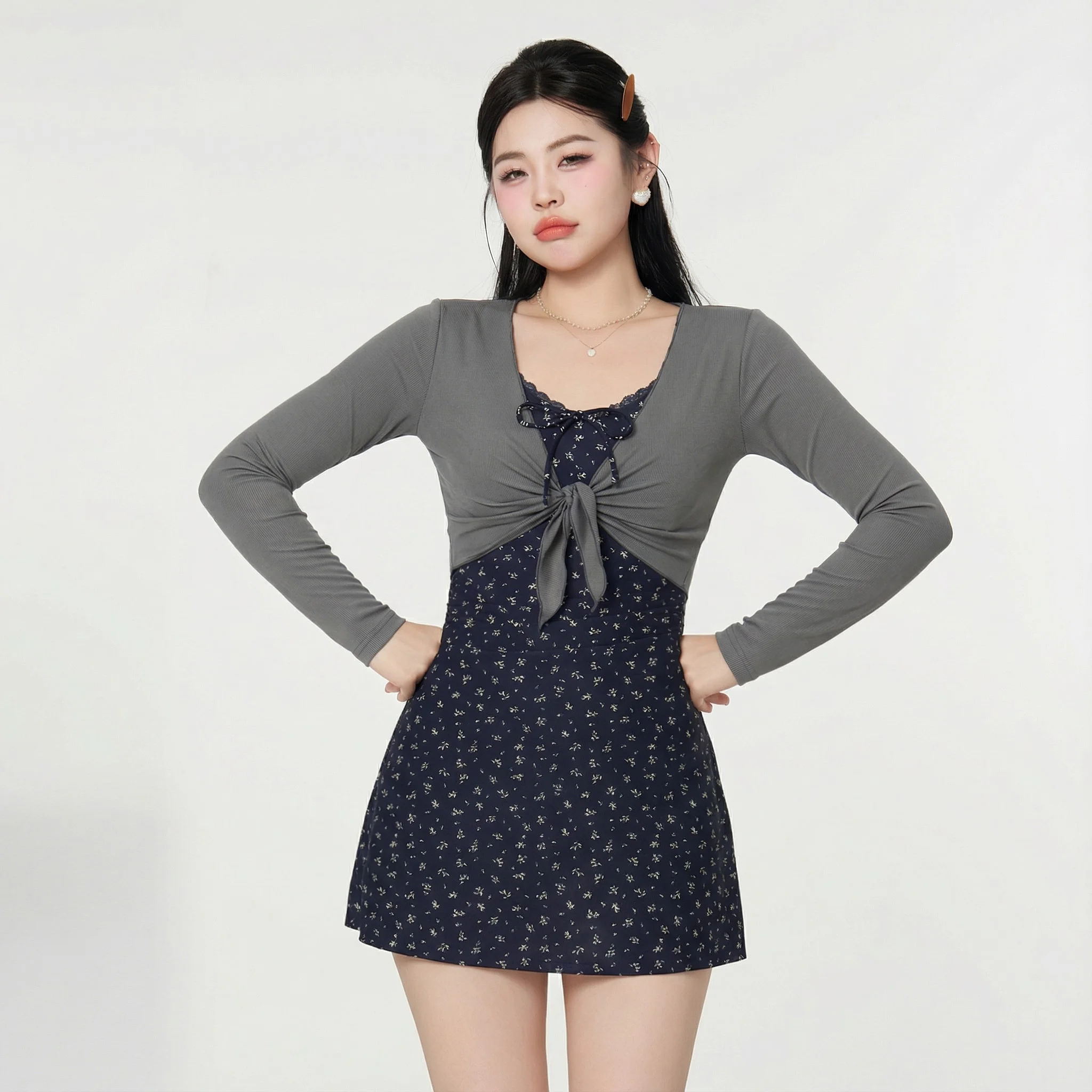 Slimming Effect Pear Shaped Women's Swimsuit Hot Spring Soaking plus Size Casual Long Sleeve round Neck Swimming Costume