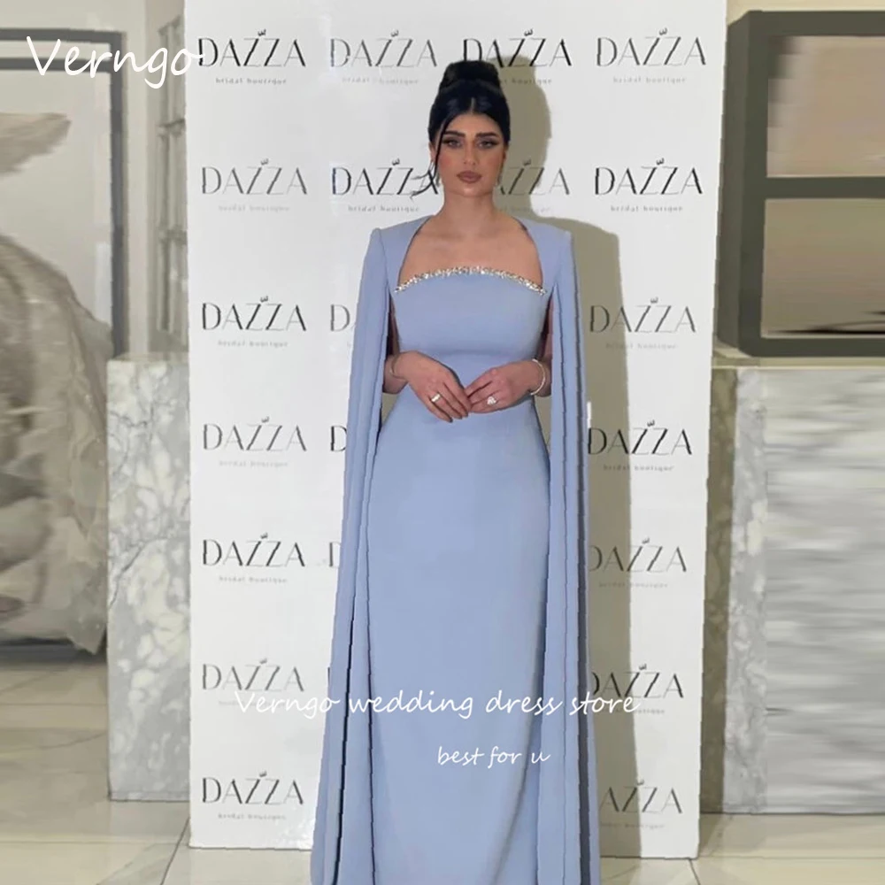 

Verngo Elegant Light Blue Evening Dresses Dubai Saudi Arabic Women Formal Party Dress Shiny Beads Long Cape Sleeves Prom Gown