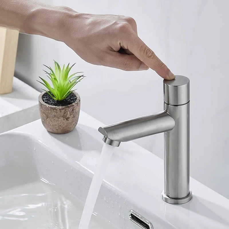 304 Stainless Steel Bathroom Time Delay Basin Faucet Touch Press Single Cold Tap Nickel Public Toilet Time Delay Metered Faucet