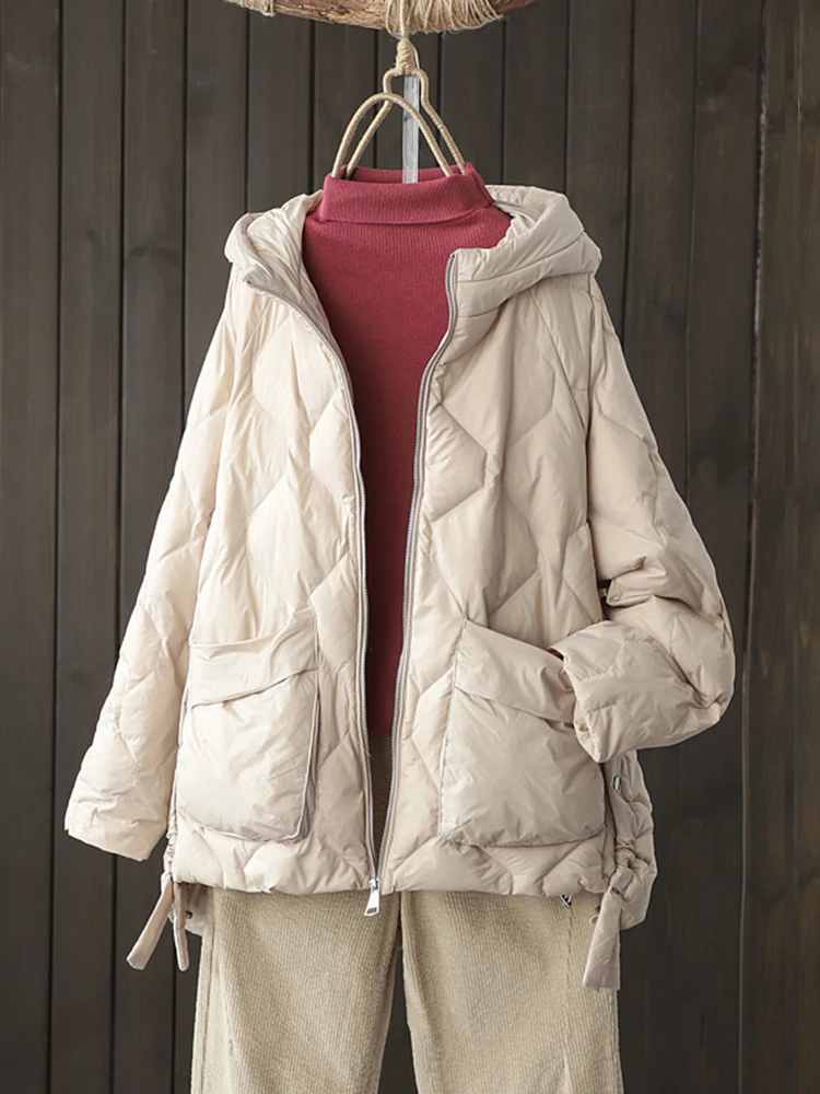 FTLZZ Winter Women White Duck Down Coat Female Hooded Zipper Puffer Parka Jacket Casual Loose Solid Light Down Outwear