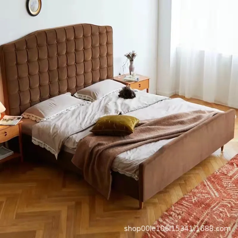 Bed soft bag fabric flannel pull button retro medieval high back small apartment 1.51.8 meters double wedding bed