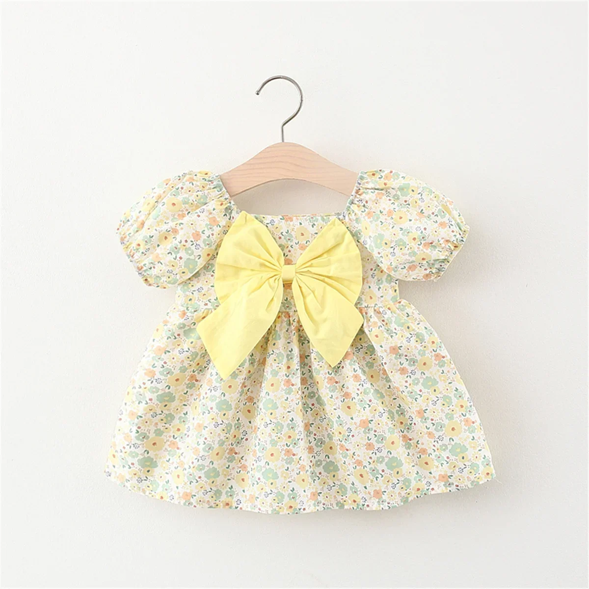 Summer New Girls\' Dress Bubble Sleeve Bow Ribbon Floral A-line Dress Birthday Party Team Dress Casual (0-3 Years Old Girls)