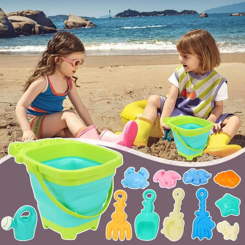 Conjunto de brinquedos de praia dos desenhos animados brinquedos de praia para ao ar livre bonito acessórios de viagem colorido conjunto de jogo com pás de balde dobrável para
