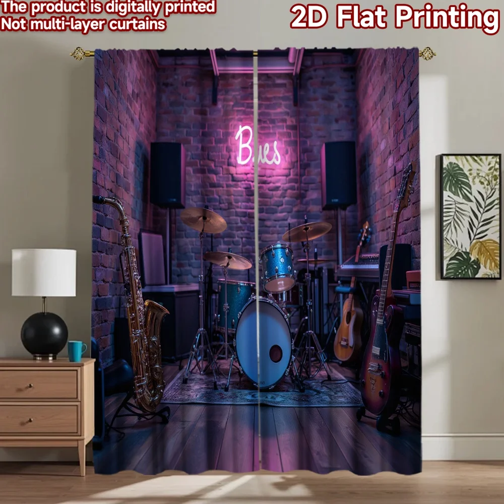 2D flat 2pcs Curtain Retro Country Style Blues Music Room Digitally printed polyester, colorfast Festive Curtains for Holiday