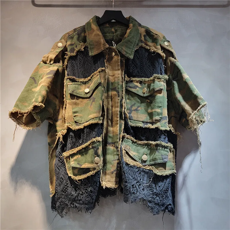 WTHT nueva moda mujer empalmado camuflaje borde rebaba camisa de manga corta cintura elástica pantalones sueltos mujer 2025 verano 1LS1685