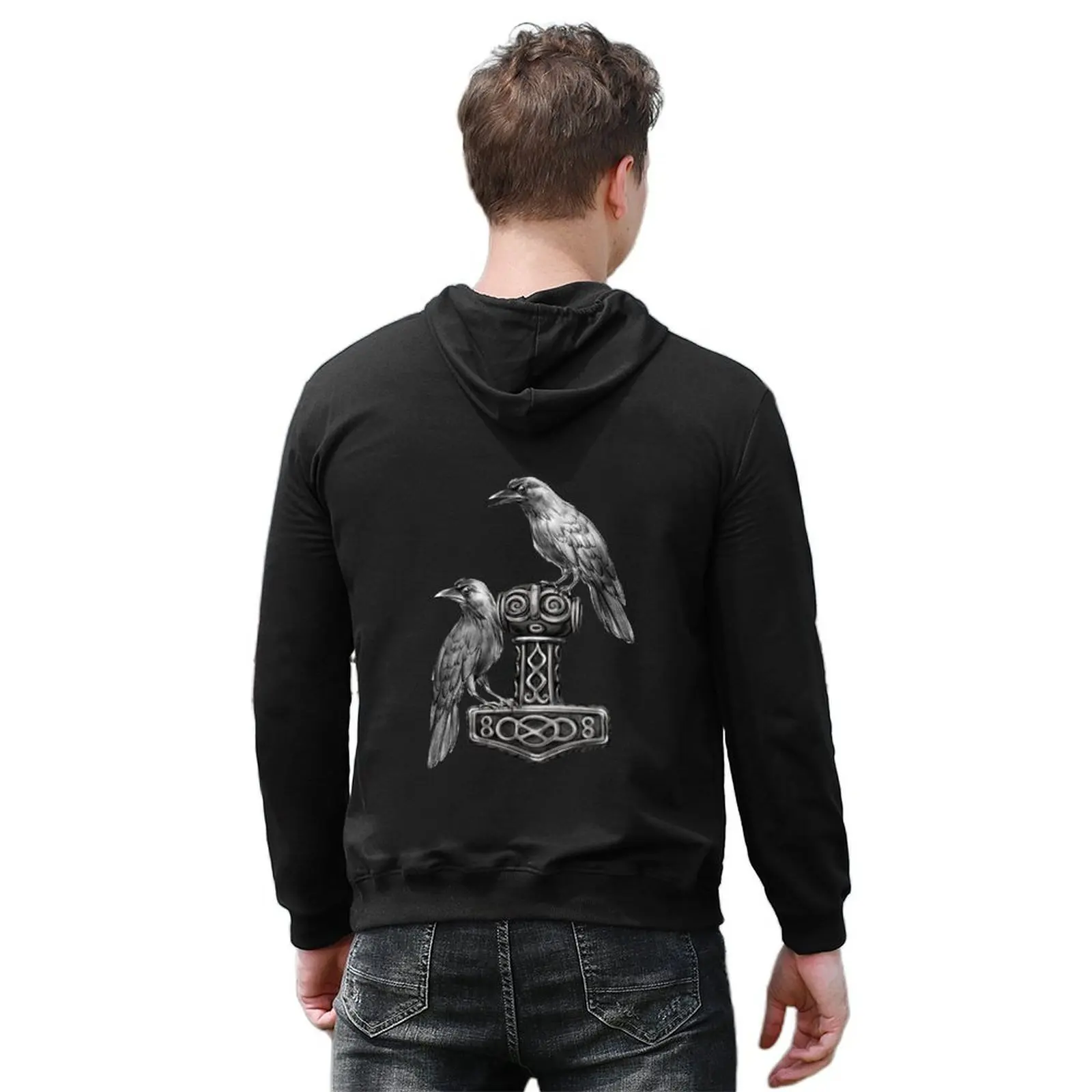 Thor Hammer Mj?lnir مع Odin Ravens Hugin and Munin Hoodie ملابس رجالية ملابس رجالية بقلنسوة جرافيك