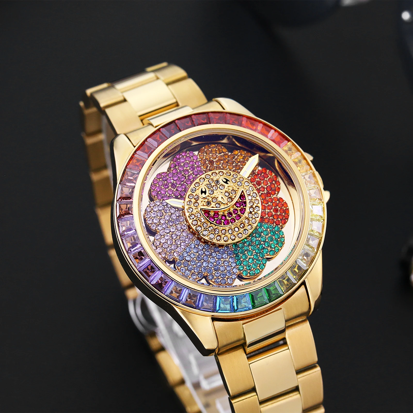 

2024 Luxury Iced Watch For Men Fashion Rainbow Flower Diamond Clocks Stainless Steel Rotating Dial Quartz Wristwatch Man Reloj