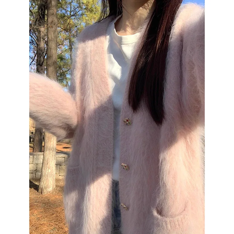 Pink Soft Fluffy Knitted Cardigan Women's 2024 Autumn Winter Casual Loose Long-sleeved Sweater Jacket Oversized Sweater