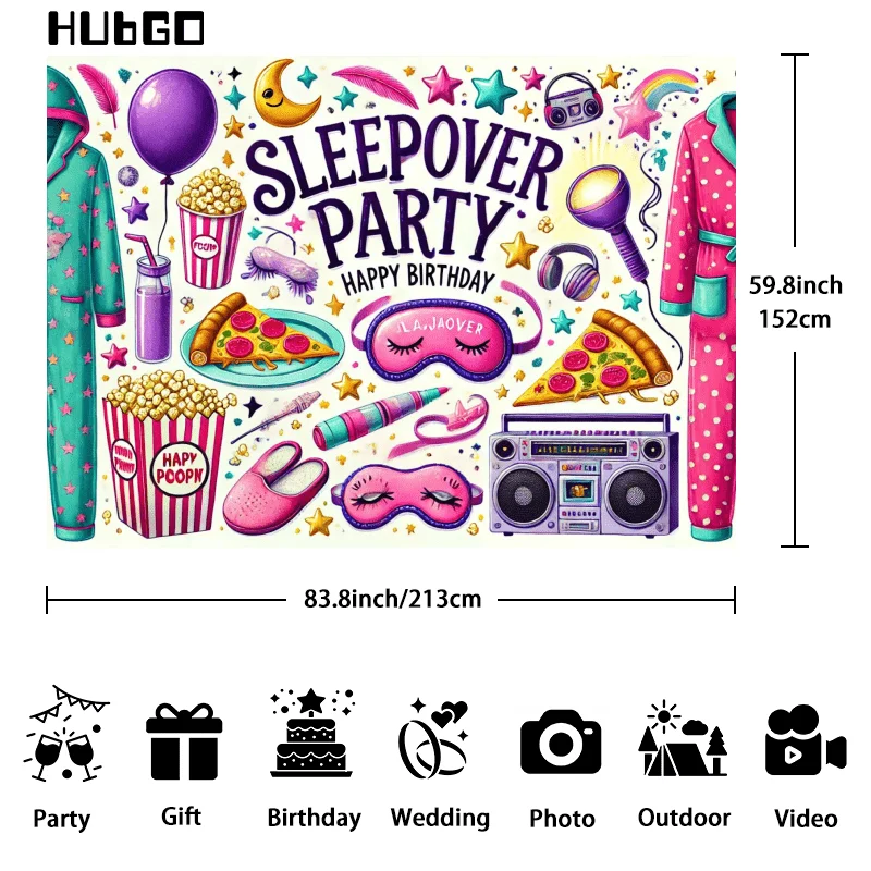 Vibrant Sleepover Party Backdrop with Pajamas & Fun Icons - Durable Polyester, High-Definition Design for Studio & Event Decor
