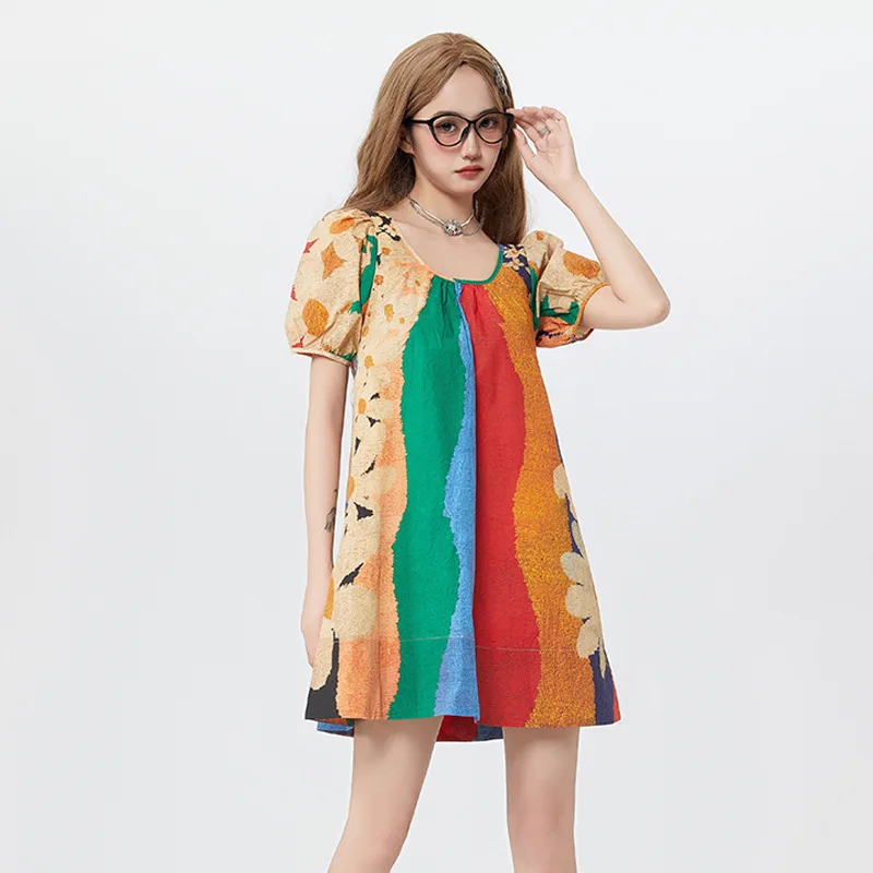 Dresses for women with design sense, U-neck print,   patchwork, short sleeved loose fitting doll dresses, 2024 new model