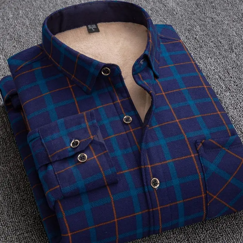 Autumn Winter Men Fleece Shirts Warm Business Casual Plaid Turn-down Collar Long Sleeve Thick Blouse Male All-match Pocket Tops