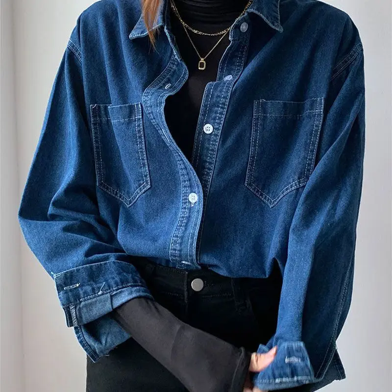 

Deep Blue Retro Women's Denim Shirt Inner Wear Layering Spring Autumn Small Size Soft Top New 2025 Style Casual Fashion JJ251