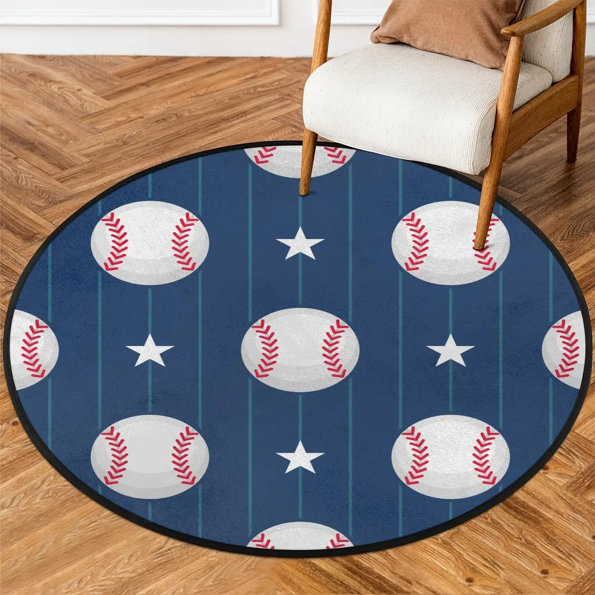 Baseball Pattern Round Rug,Washable Soft Circular Floor Mat, Non Slip Low Pile Area Rugs for Kids Room Bedroom Bathroom Laundry