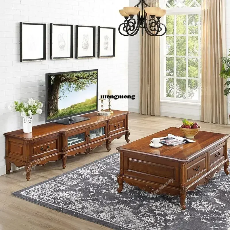 

American all solid wood living room TV coffee table combination European home retro carved solid wood locker floor cabinet
