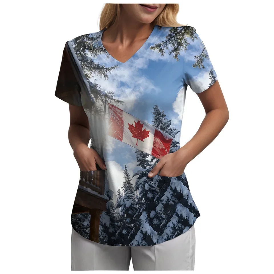 Fashion Maple Leaves Canada Flag Women's T Shirt Summer Casual Short Sleeve 3D Printed Tops V Neck Casual T-Shirts With Pockets