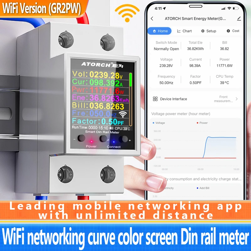 GR2PW AC50-320V 100A Smart Electricity Meter Tuya WiFi Din Rail Power Energy Meter Digital Display Monitor Voltage Curve Ammeter