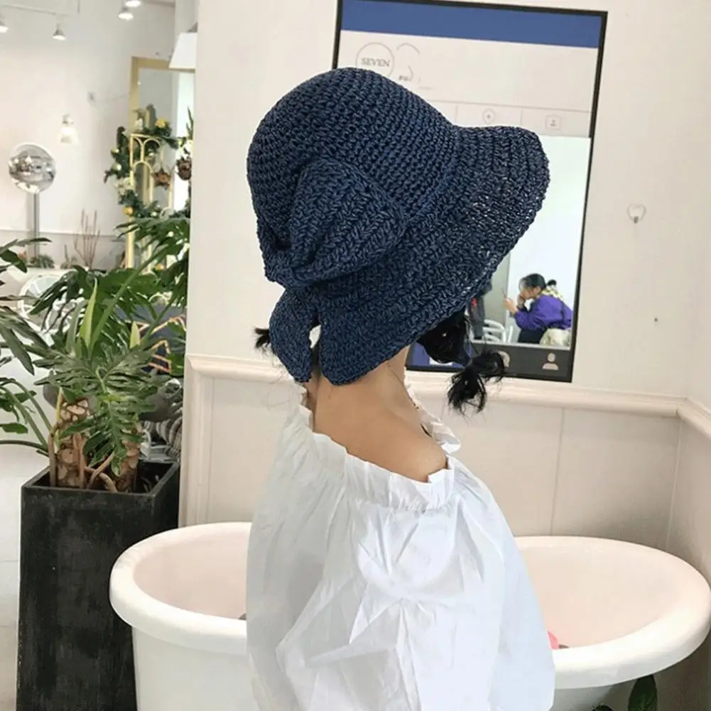 Women Straw Hat Bow-knot Decor Lady Summer Hat Solid Color Curled Edge Sun Cap Foldable Decorative Vacation Fisherman Hat