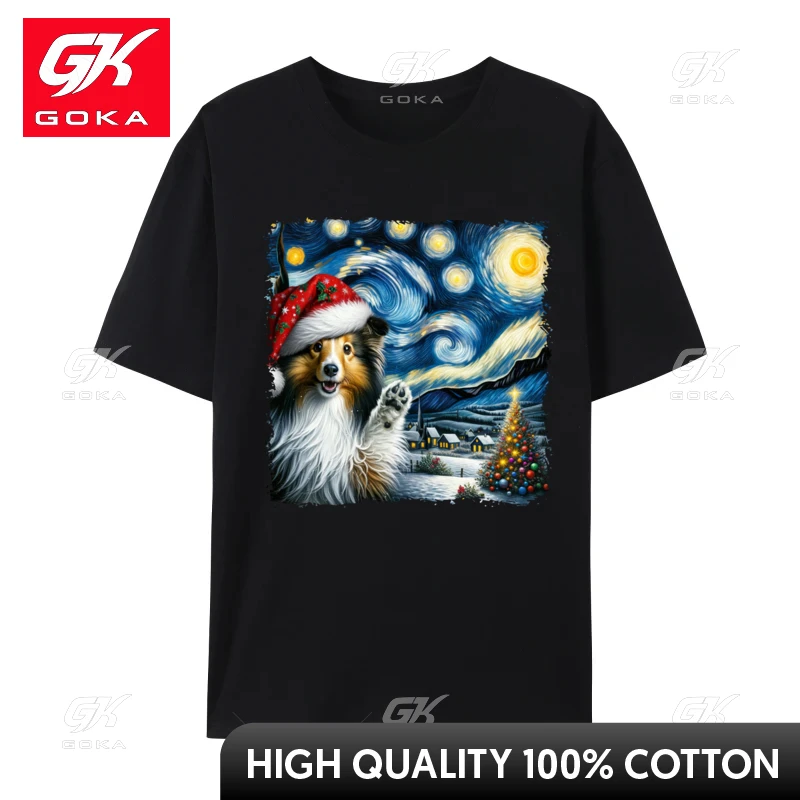 Shetland Sheepdog Santa Starry Night Van Gogh Christmas Dog T Shirt Vintage Men's Casual Tees 100% Cotton Round Neck T-Shirt