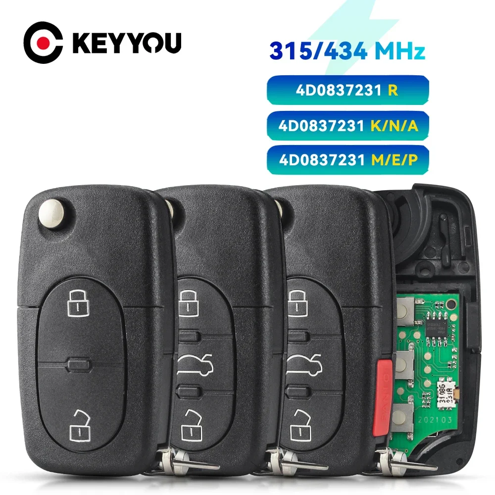 

KEYYOU 1PCS NEW 4D0837231A 4D0837231K Key Fob For Audi A3 A4 A6 A8 TT RS4 Quattro 1994 - 2004 433Mhz ID48 Chip Car Remote Key