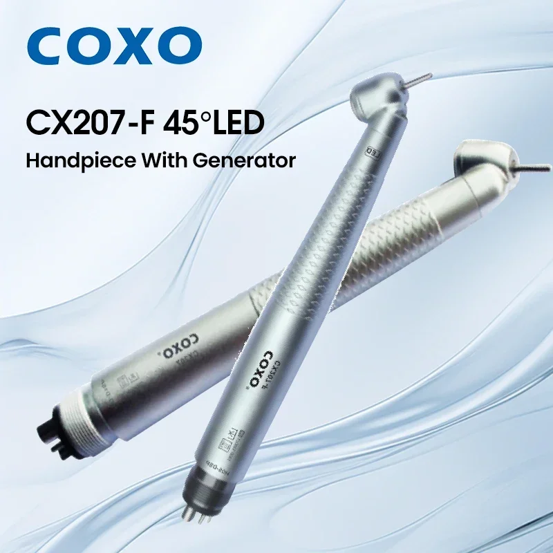 COXO CX207-F Dental 45 Degree Contra-Angle LED Handpiece - Air-Driven High-Speed Turbine 3-Way Cooling Spray for Tooth Cleaning