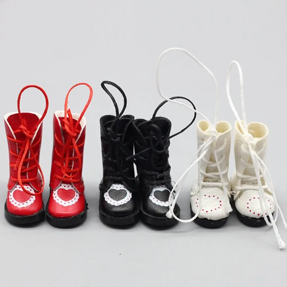 1 Pair Doll Boots PU Leather Boots Love Heart Bandage Mini Shoes Handmade Boots Children Toys Birthday Gifts Doll Accessories