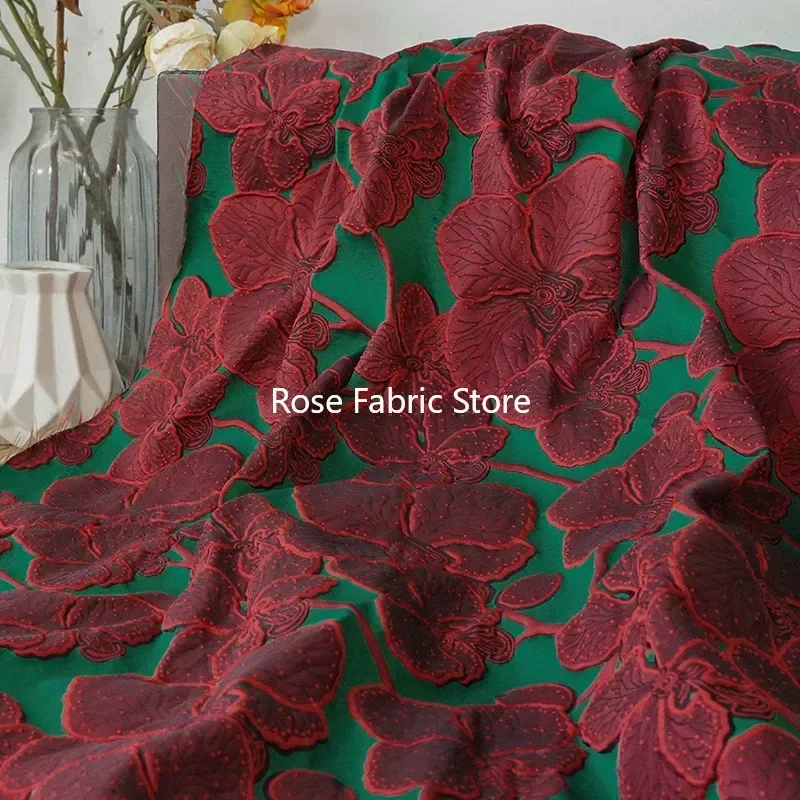 

1 Meter Large Red Flower Relief Jacquard Fabric Retro Women's Dress Skirt Bag Decorative Sewing Fabric