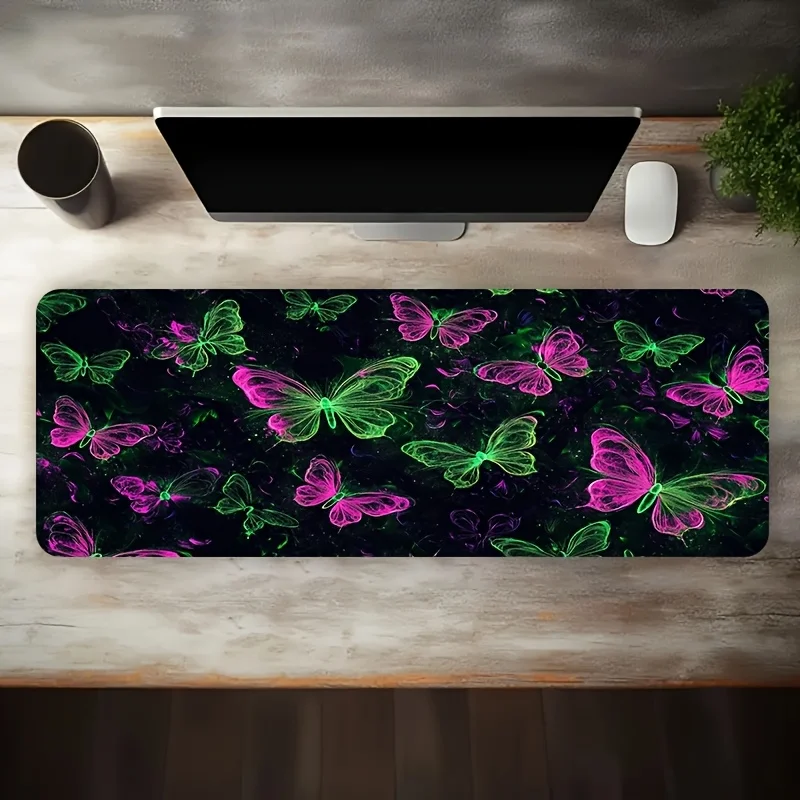 Iron Art Large Gaming Mouse Pad Fluorescent Pink Green Butterfly Non Slip Rubber Base Washable Durable Office Desk Mat