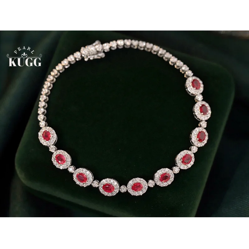 KUGG 100% 18K White Gold Bracelet Luxury Design Natural Diamond Natural Ruby Engagement Bracelet for Women High Party Jewelry