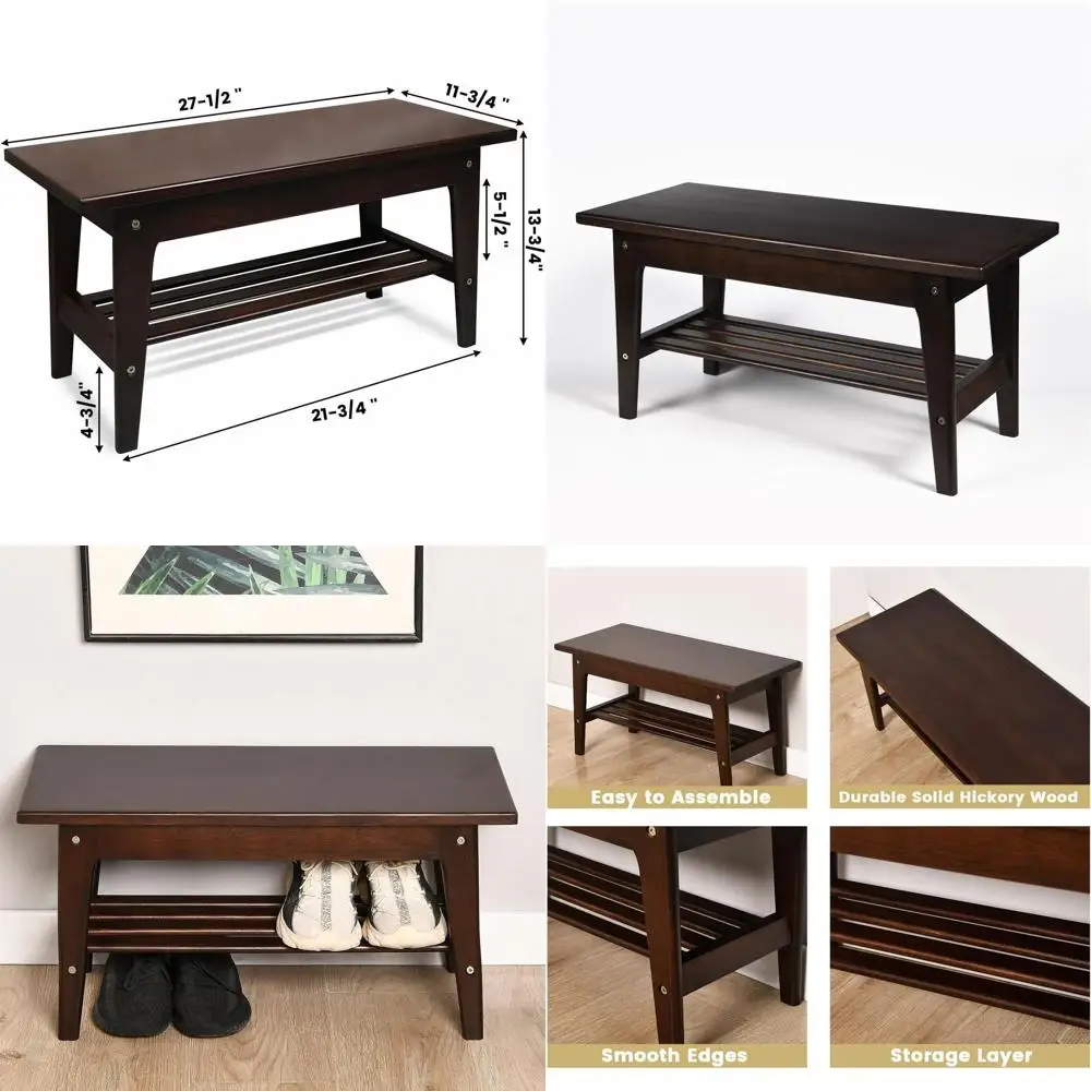 

Hickory Wood Shoe Storage Bench, Entryway Mudroom Rack, Dark Walnut Finish, Indoor/Outdoor Use