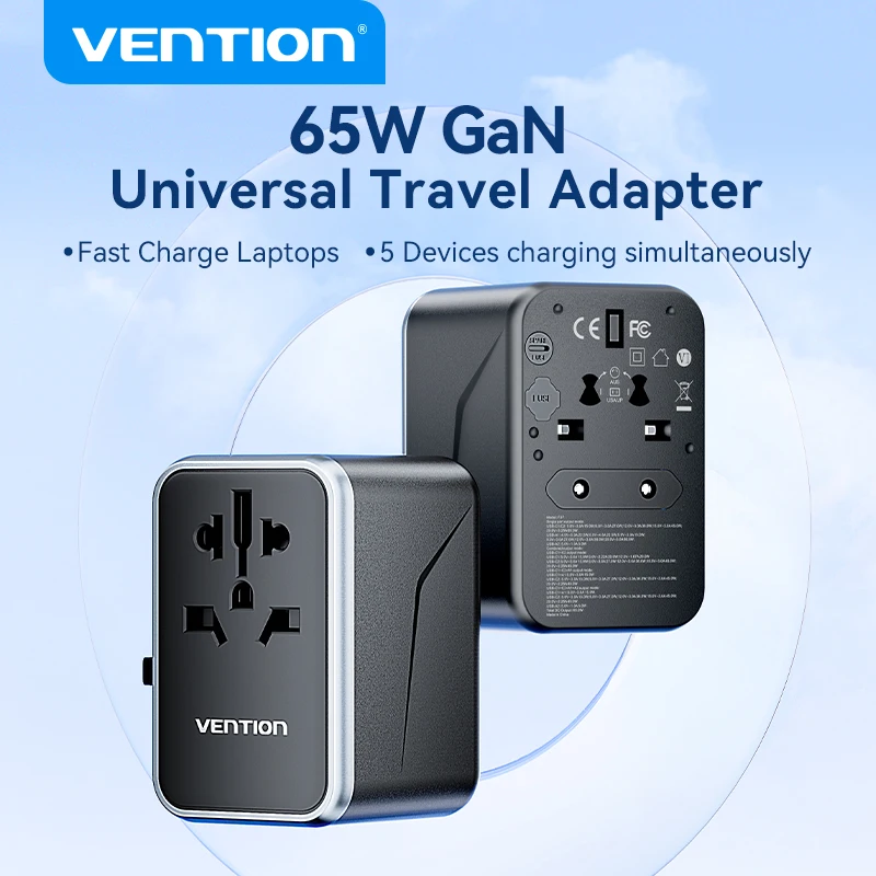 Универсальный дорожный адаптер GaN Vention 65 Вт с USB и типа C, международный адаптер для быстрой зарядки, вилка стандарта ЕС/Великобритании/США/Австралии для путешествий