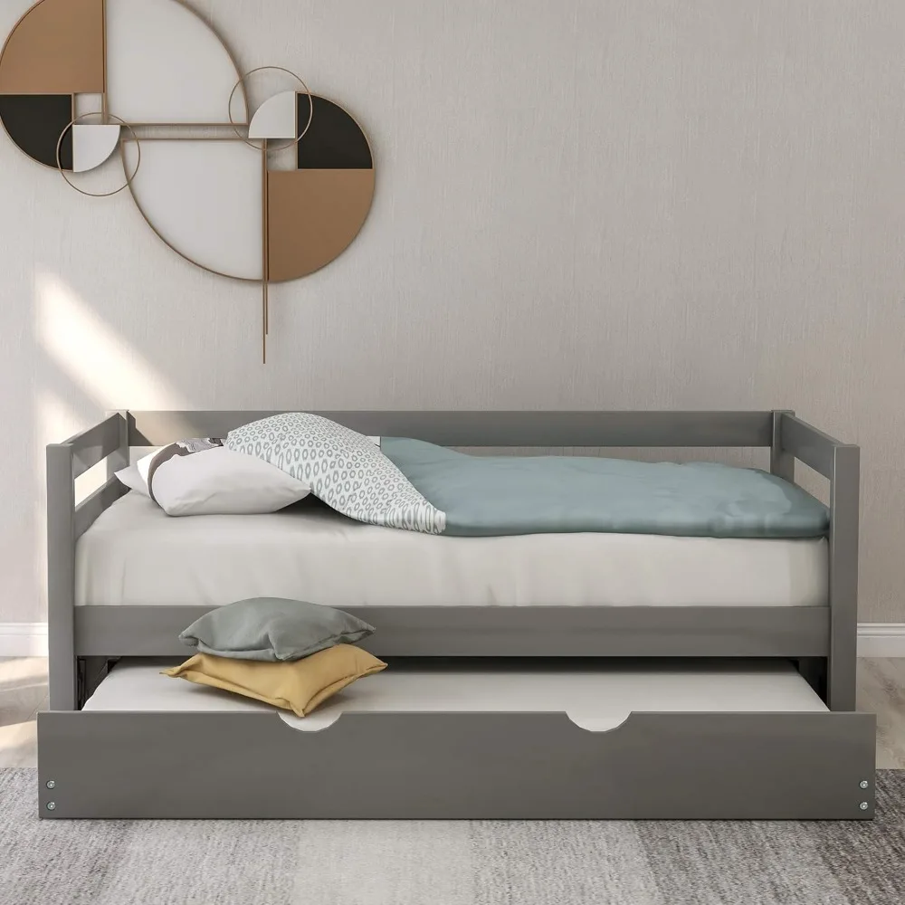 سرير نهاري مزدوج من Merax باللون الرمادي مع إطار سرير كابتن من الخشب الصلب