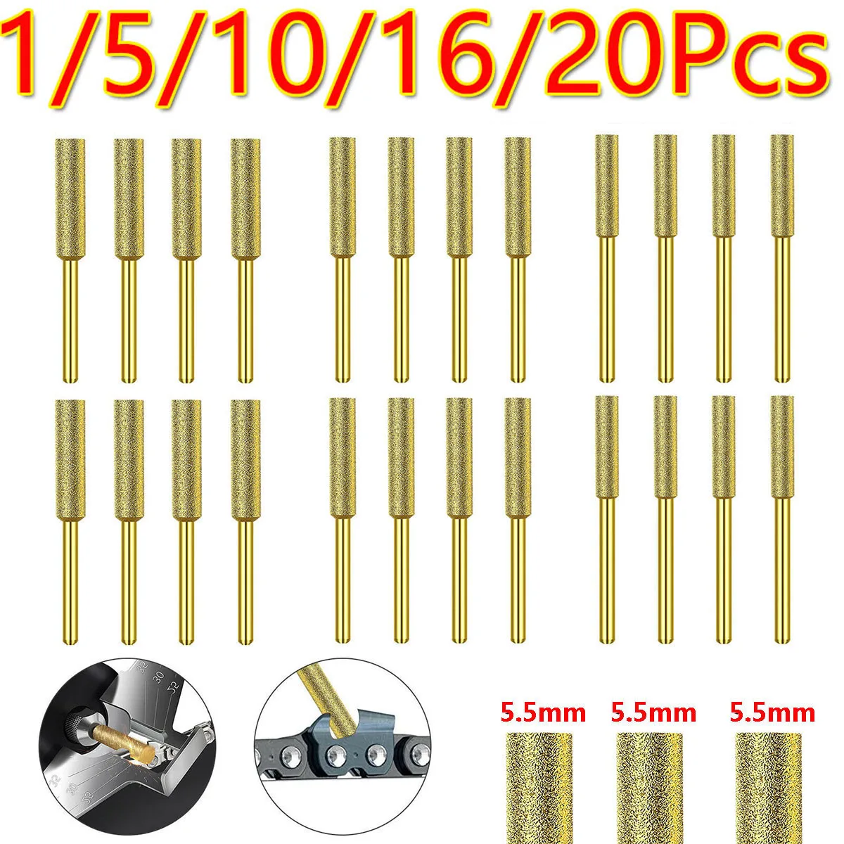 

1/5/10/16/20Pcs 5.5mm Chainsaw Sharpener Coated Burr Grinder Chain Saw Grinding For Metal Jade Wood Head Polishing Tools 7/32"