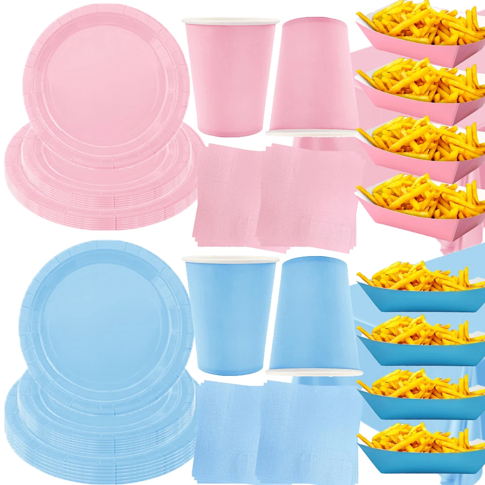 Rosa und blau Partyzubehör Geschirr Pappteller Servietten Tassen Einfarbig Partyzubehör Geburtstag Babyparty Partydekorationen
