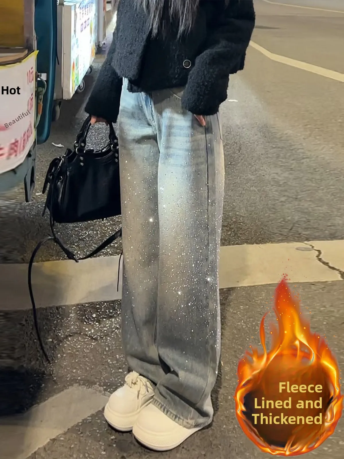 

iny Starry Rhinestone Fce Wide Leg Jeans Women's Loose Straight Floor-Length Pants High Waist ket Spring New Sle