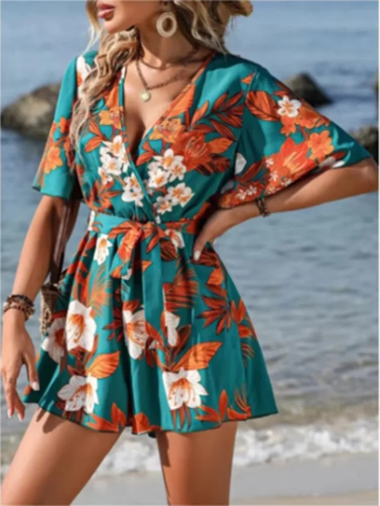 Printed V-neck Short Sleeve Jumpsuit Women Loose High Waisted Jumpsuit Beach Vacation Comfortable Summer Clothes