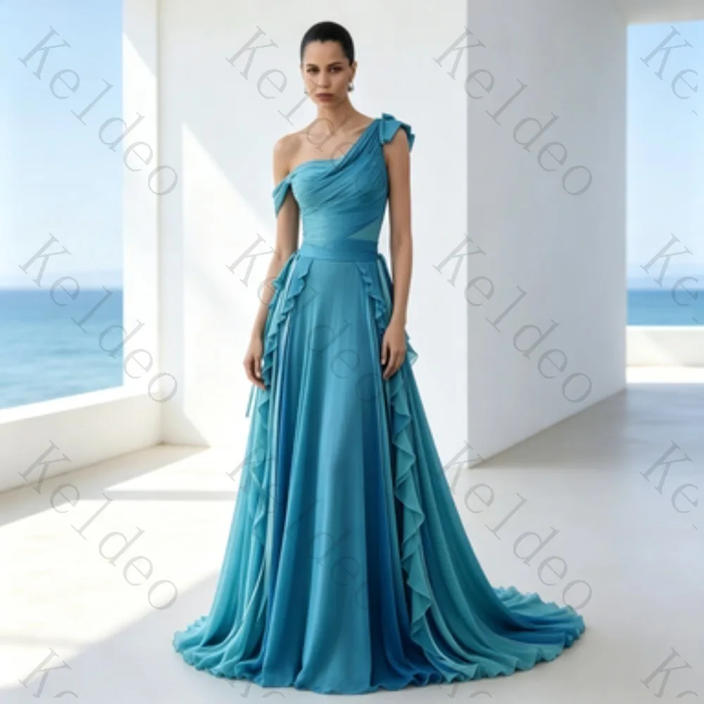 Customized One‑Shoulder Draped Chiffon A‑Line Evening Gown Ruffle Trim Waist Sash Floor‑Length Gradient Formal Prom Party Dress