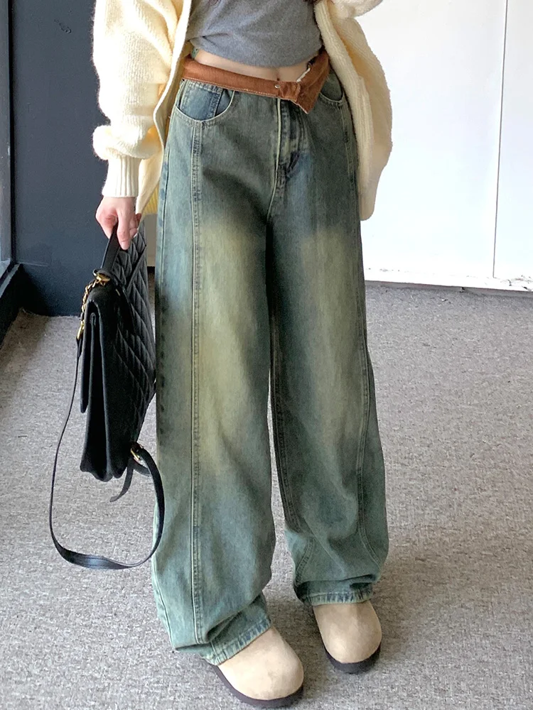 

Slergiri Streetwear Washed Straight-leg Jeans Women Korean Fashion Vintage Cuffs High Waist Loose Wide Leg Denim Long Trousers