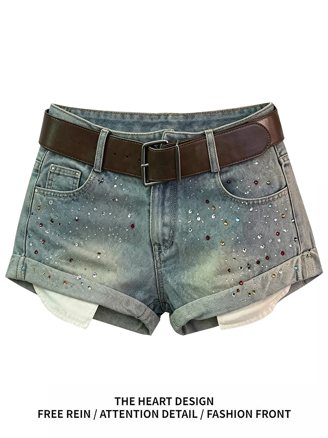 

Retro American Blue Rhinestone Jeans Shorts Women Summer New Design Low Waist Cuffed Straight Leg Hot Pants Casual Wear