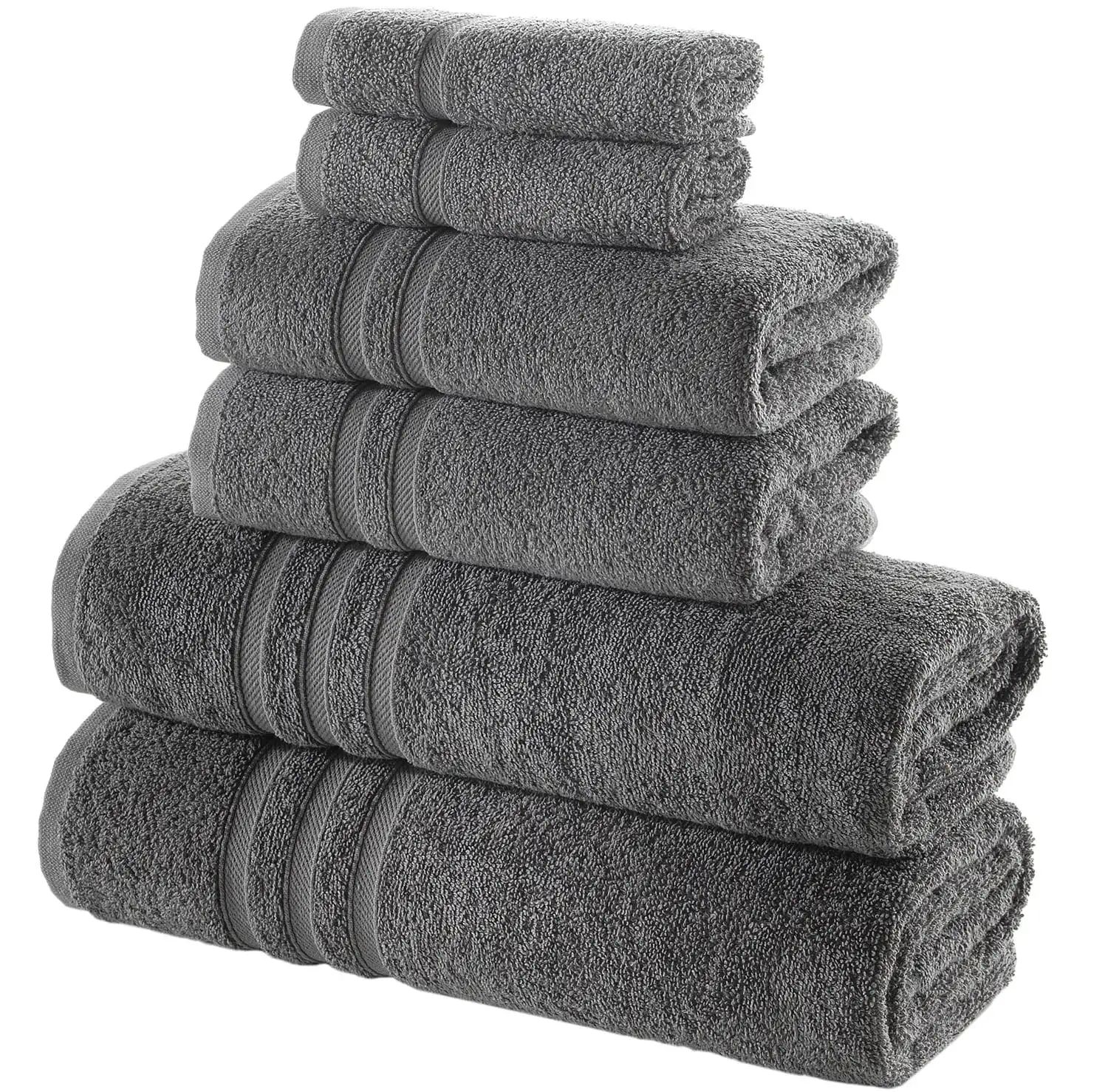 

6 Piece Bathroom Set 2 Bath Towels 2 Hand Towels 2 Washcloths 100% Cotton Gray Soft Plush Quickdry High Absorbent