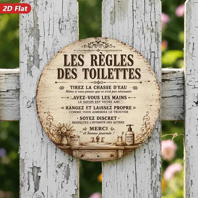 2D Flat, [2D Flat] 2D Flat Print 1pc Round Metal Iron Sign, French Bathroom Rules Wall Art, Les Regles Des Toilettes, Pull The F