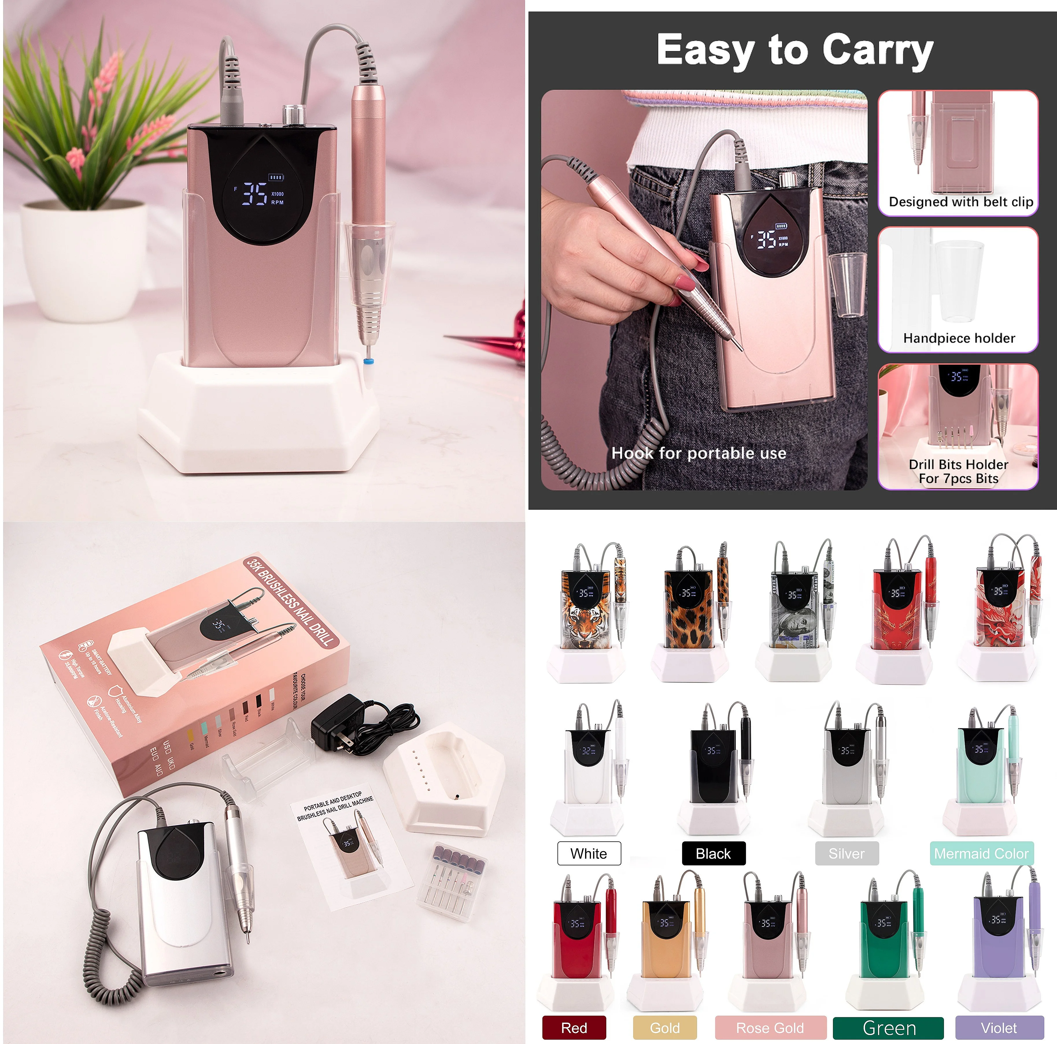 Tiger Leopard Print Durable Aluminum Alloy 35K Portable Rechargeable Electric 85W Nail Drill Brushless Machine